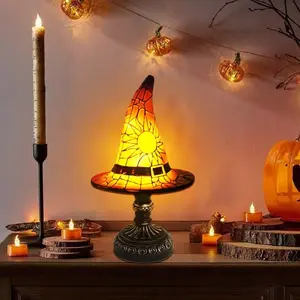 Halloween Witch Hat Tiffany Style USB Camping Light, 7.09" Mini Portable Stained Glass Lantern, Cute Home Decor Item for Outdoor Use