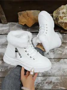 Women's autumn and winter fashion plush casual shoes Sneaker; thick-soled high-water platform outdoor lace-up thickened sports shoes; lightweight comfortable soft-ed anti-skid wear-resistant Rubber commuting warm shoes.