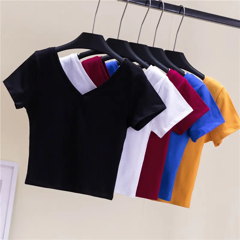 Women's Korean-style tight-fitting navel-revealing t-shirt, Hyuna-style short top, double V-neck short-sleeved high-waisted top