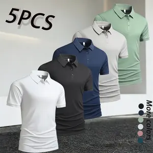 Men’s five-pack lightweight business short-sleeve polo shirts, minimalist commuter style, breathable quick-dry fabric for a cool, non-stuffy feel, classic turn-down collar design that elevates the look, button placket for easy fastening, slim fit that isn