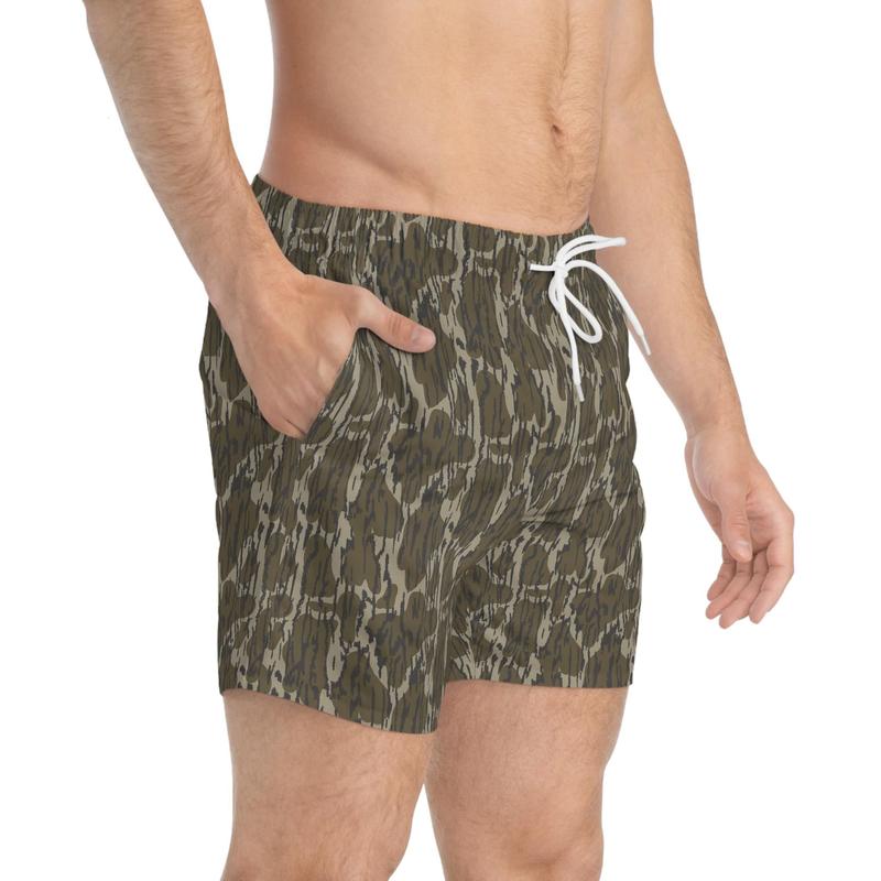 Bottomlands Camo Swim Trunks, Beach Shorts, Summer Swimwear, Vacation Essentials, Trendy Board Shorts