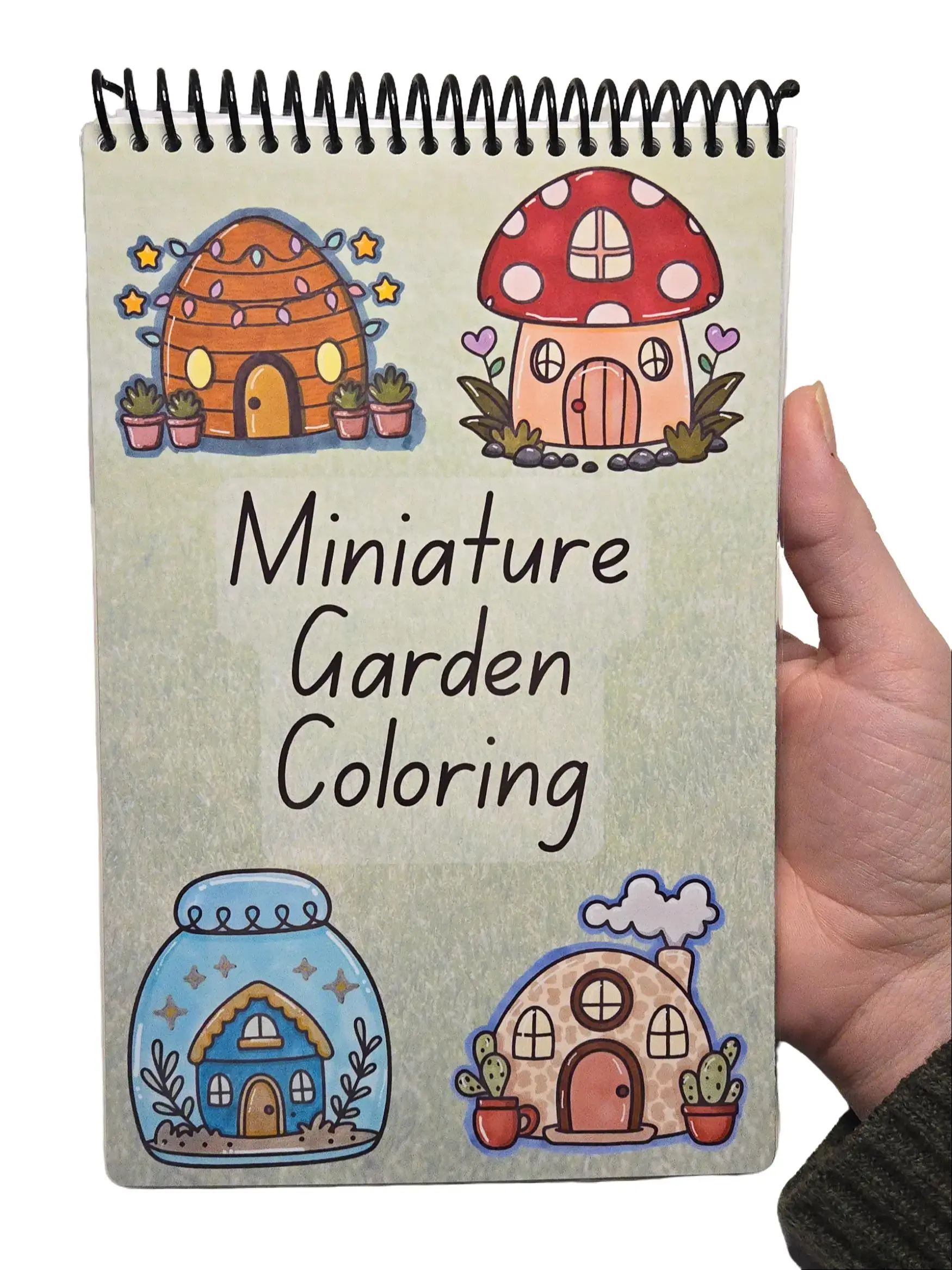 Miniature Garden Coloring Book- Medium Size 5.5x8.5 with 40 Pages Spiral Binding Laminated Cover Compact Convenient for Relaxation