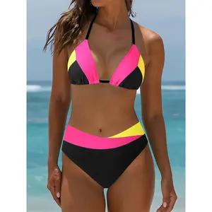 Zaful Women's Color Matching Halter Bikini Suit Backless Tied High Waist Color Matching Rib Two-Piece Swimsuit Swimwear
