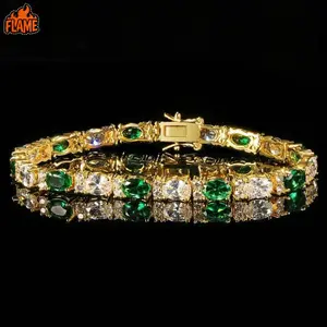 [FLAME] Green Oval Diamond Hip-Hop Bracelet for Men Trendy Brand Niche High-End Light Luxury Personalized Zircon Jewelry Outdoor Fashion Accessories Valentine's Day Gift for Boyfriend