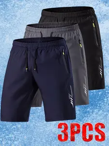 3-Pack Men's Athletic Sport Shorts, Soft Comfortable Fabric, Geometric Print, Elastic Waist, Zip Pockets, Ideal for Tennis, Hiking, Gym, Gifts