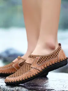 Men's Summer Fashion Slip-On Wide Head Cool Leather Shoes, Lightweight Breathable Mesh, Anti-Slip Rubber Sole, Casual Outdoor Hiking Boots