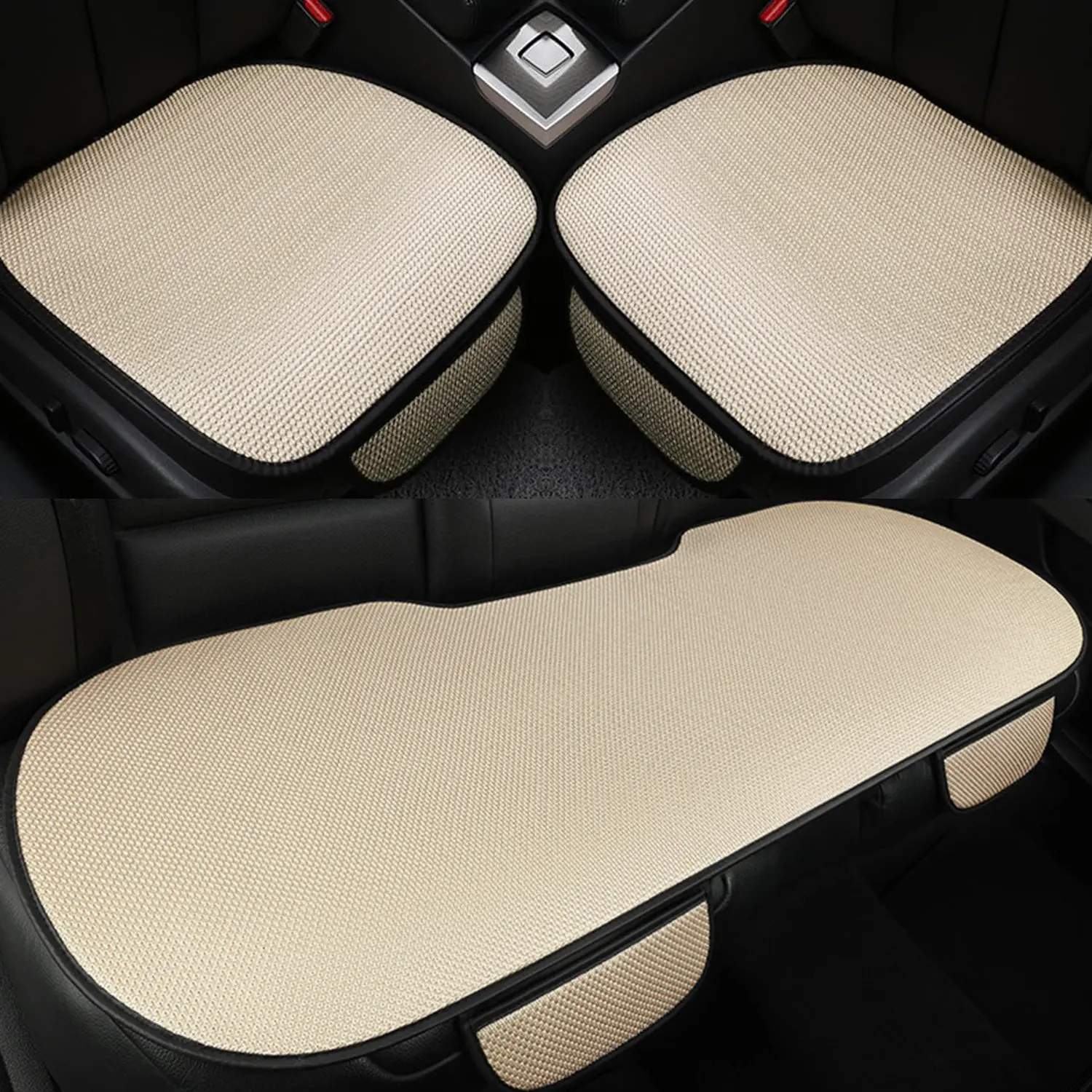 3PCS 3D Breathable Woven Car Seat Cushion, Summer Cool Non-Slip Auto Seat Protector Pad with Side Storage Pockets, Universal Front & Rear Car Seat Cover Mat for Sedans SUVs