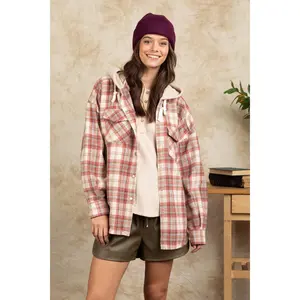 Drawstring Plaid Long Sleeve Hooded Jacket