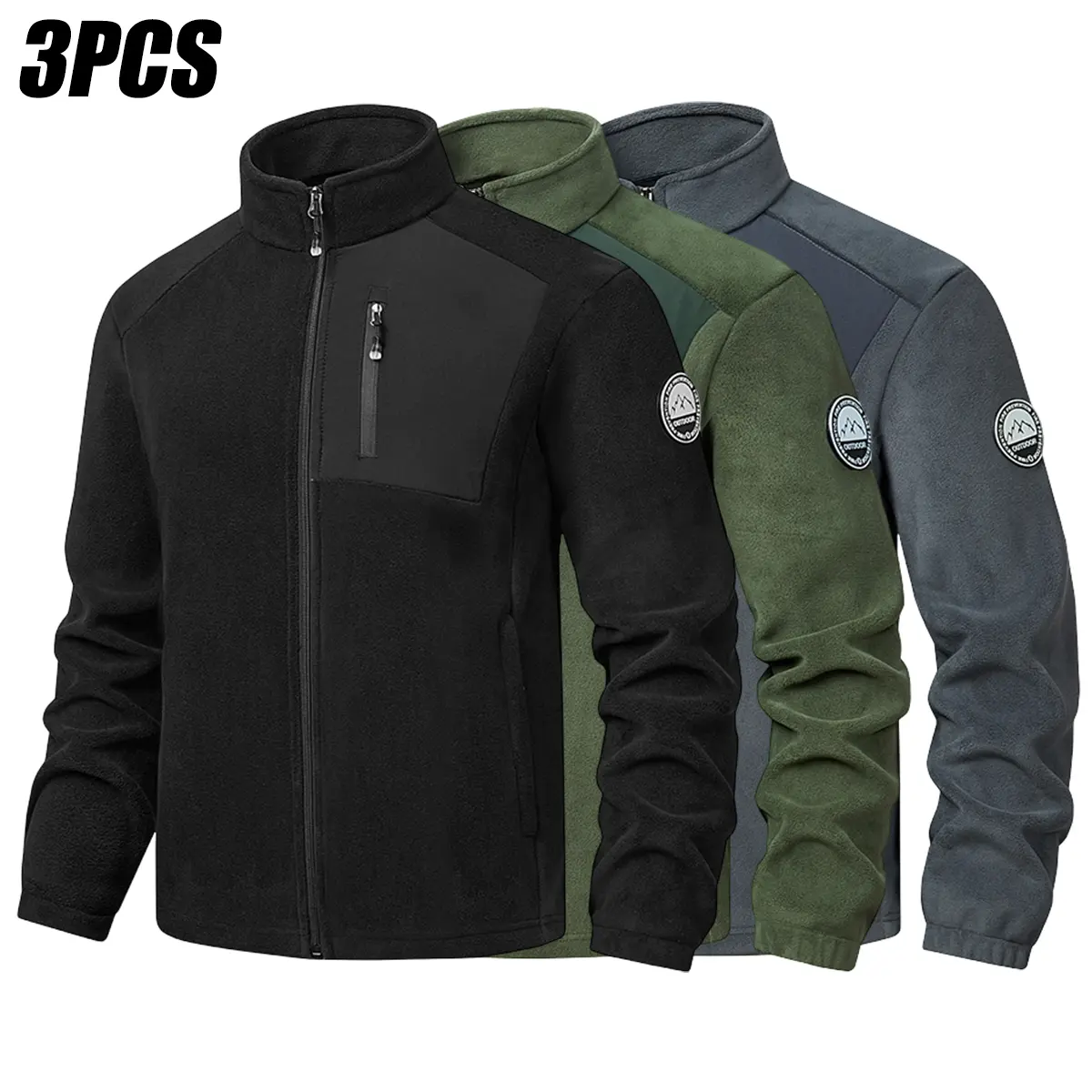 JOGWAVE Menswear 3PCS Men's Long Sleeve Athletic Sport Plain Color-Block Fleece Jacket - Stand Collar, Thermal, Windproof, Midweight, Full-Zip, Chest Utility Pocket, Mountain Explorer Patch, Multi-Zip Security Pockets - Outerwear for Hiking, Commute