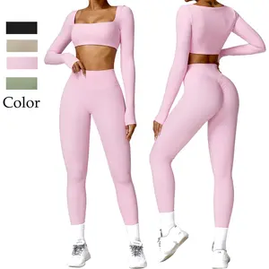Women's Yoga Workout Set - Long Sleeve Square Neck Crop Top & High Waist Leggings for Yoga & Gym Ruched Sports Flare Fitness Suit