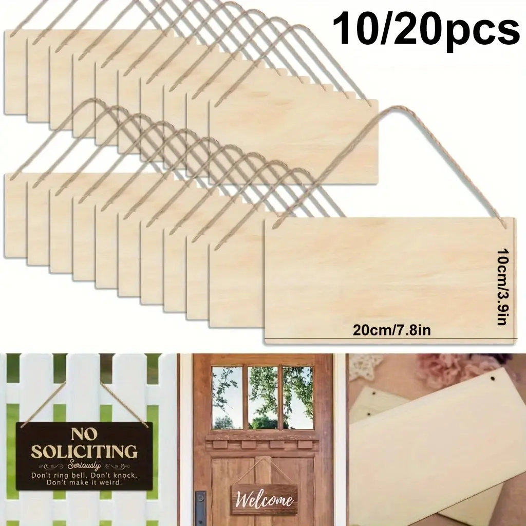 10 Pack or 20 Pack Wooden Art Boards with Natural Wood Grain 20x10cm Unfinished Rectangular Plaques for Woodburning, Painting, Carving, Crafting, Home Decor with Jute Twine