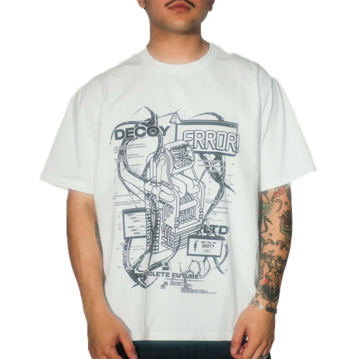 DECOY "Obsolete Future" T-Shirt - White Cotton Streetwear Short Sleeve Crew Neck Graphic Tee with DTG Print Design