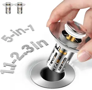 5-in-1 Bathroom Sink Stopper, 2 Pc Pop-Up Drain Stopper with Removable Hair Catcher, Anti-Clog Strainer, Odor Blocking & One-Way Flow Design, All Metal Brass Core & Stainless Steel, Fit 1.1"–2.36"