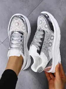 Women's Luxury Lace Patchwork Silver Color Sequins Thick Sole Breathable Dad Shoes Closed, Party Dress, Wedding, Casual Wear