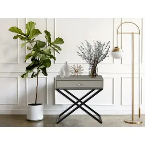 Koda 23" Taupe Wooden End Side Table Nightstand with Glass Top Drawer and Metal Cross Base