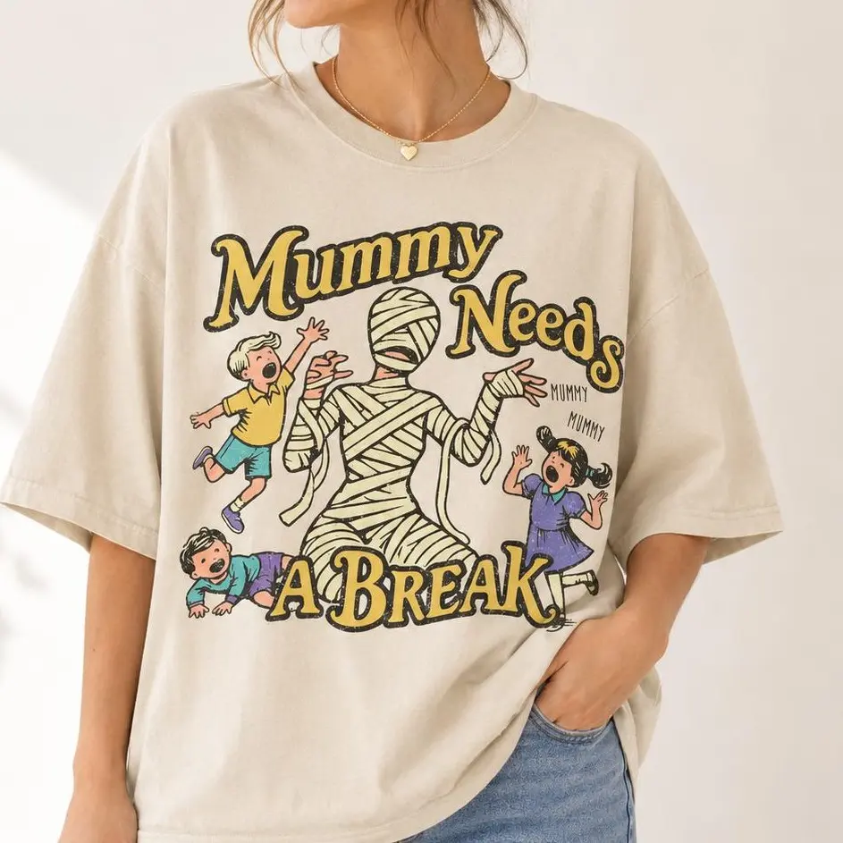 Mummy Needs a Break Tee Funny Halloween Shirt 90s Retro Cult Classic Horror Graphic Top Vintage Spooky Season
