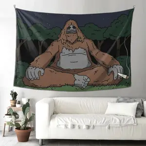 Sassy the Sasquatch Meme Tapestry, Night Forest Bigfoot Smoking Cartoon Wall Hanging, Aesthetic Room Decor for Bedroom, Living Room, College Dorm & Stoner Room