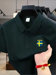 Men's Business Casual Polo Shirt, Trendy Swiss Shield Design, Golf Short Sleeve Tee, Stand Collar Breathable Stretch, Polyester Material