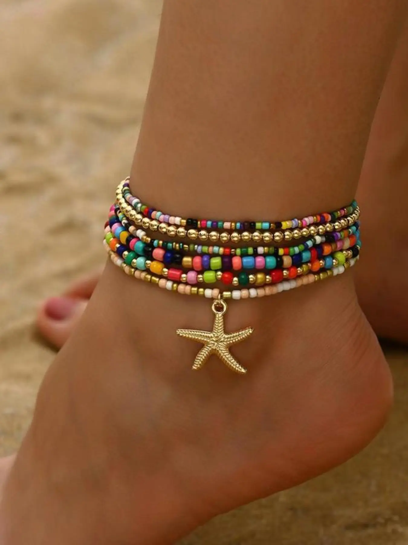Summer Beach Bohemian Multi-Layer Seed Bead Anklet Set — Women's Stylish Starfish Pendant Anklet, Summer Beach-Style Leg Jewelry, Elastic Women's Anklet Beaded, Trendy Fashionable Accessories, Layered Anklet