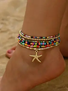 Summer Beach Bohemian Multi-Layer Seed Bead Anklet Set — Women's Stylish Starfish Pendant Anklet, Summer Beach-Style Leg Jewelry, Elastic Women's Anklet Beaded