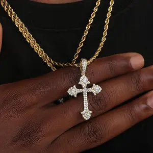 Iced Out White Gold Plated Cubic Zirconia Cross Pendant Necklace With Rope Chain, Trendy Hip Hop Cross Faith Pendant Jesus Necklace For Men Women