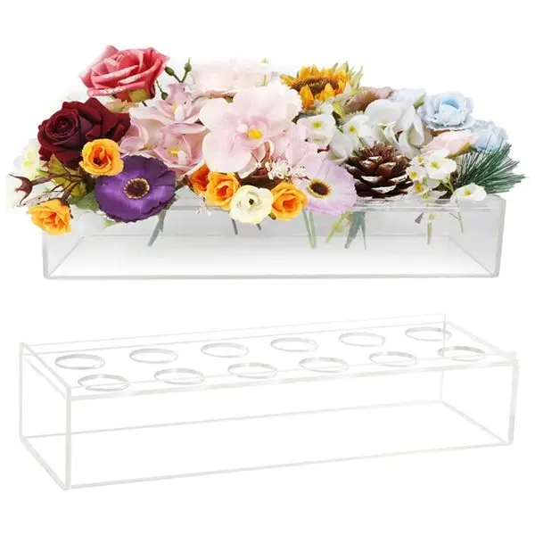 Clear Acrylic Rectangular Vase with 12/16 Holes Options, Rectangular  Low Floral Modern Vases, Exquisite Floral Centerpiece Decor, Modern Vase Decorations for Weddings Home Dining Table Decor