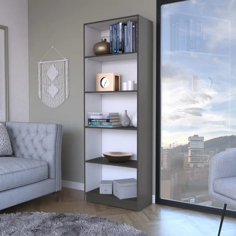Bookcase 4-Shelves Benzoni, Office, Matt Gray / White, Bookcase Shelf for CDs/Movies/Books, Home Office Bookcase Shelf Storage Organizer, Modern Book Shelf for Bedroom/Living Room/Home Office