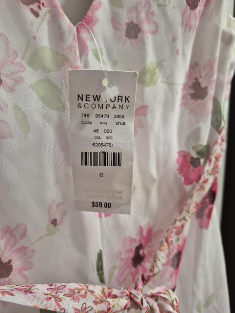 New York & Co Vintage White & Pink Floral Midi Dress with Flutter Sleeves Ruffle Hem Size 6 Sheer Fabric Fully Lined for Special Occasions