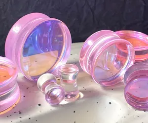 PAIR Pink Iridescent Glass Double Flare Plugs Gauges Tunnels Body Jewelry