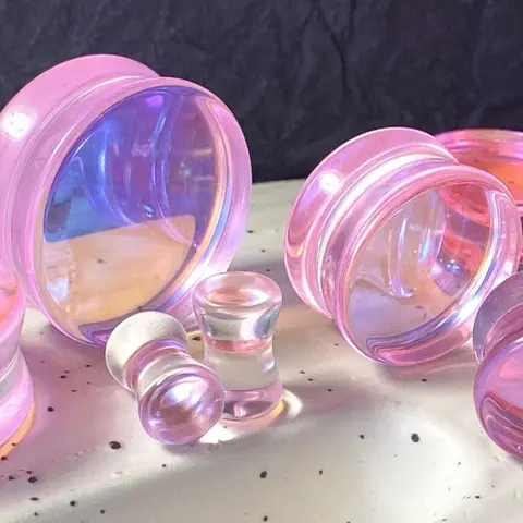PAIR Pink Iridescent Glass Double Flare Plugs Gauges Tunnels Body Jewelry