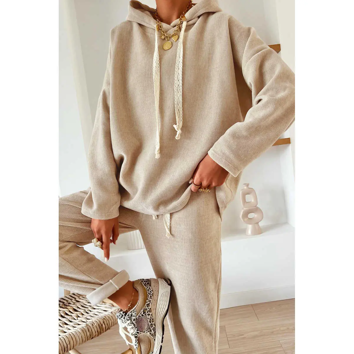 Jet Stream Lace Drawstring Pullover Hoodie and High Waist Pants Corduroy Suit