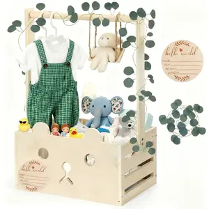 Wooden Baby Shower Bear Gift Baskets, Birthday Gift Baskets with Small Swing, Wooden Crate Closet Bear Cards for Baby Boys Girls New Parent Gifts, Suitable for Christmas Gifts, Fall Decorations for Home, Gift Box Design