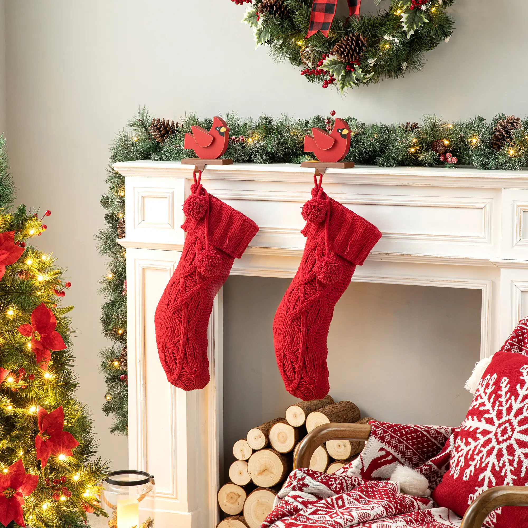 Glitzhome 24"L Knitted Polyester Christmas Stocking w/Pom Pom Ball