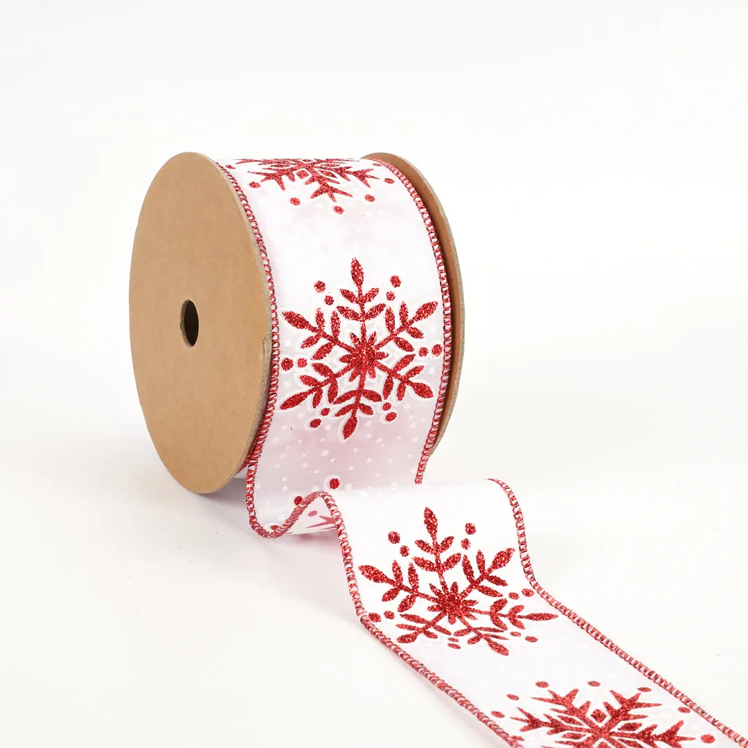 2 1/2" Wired Ribbon | "Jumbo Glitter Snowflake" White/Red | 10 Yard Roll wreath making Christms tree decor