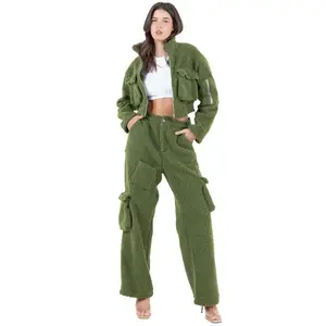 By Claude WOMEN FASHION TEDDY 2PCS SET Fleece Cargo Crop Bomber Jacket and Wide Leg Pants Suits