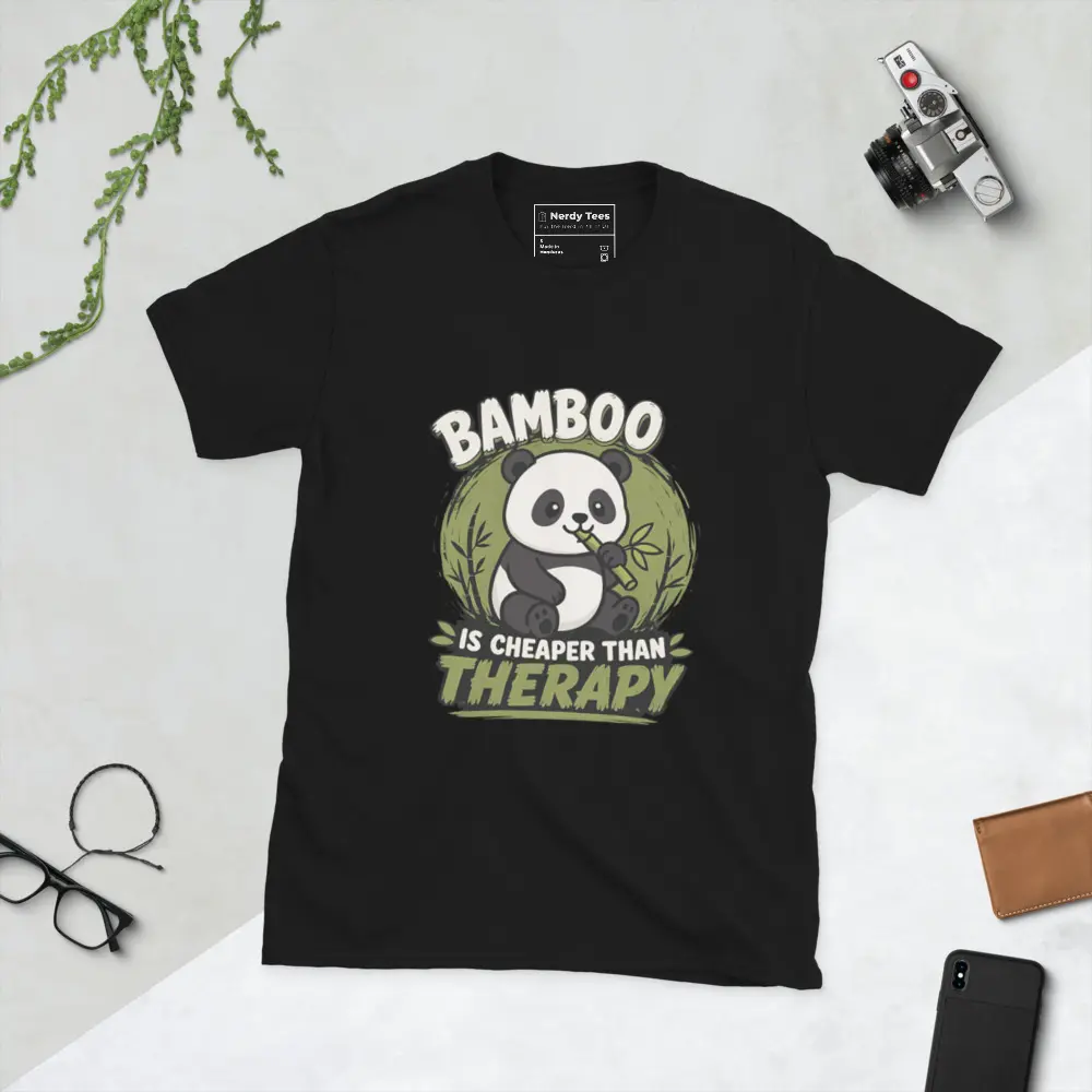 Unisex Short-Sleeve Panda Bamboo Therapy Graphic Tee - Cute Animal Mental Health Humor Shirt Soft Cotton Original T-shirt Design for Men and Women