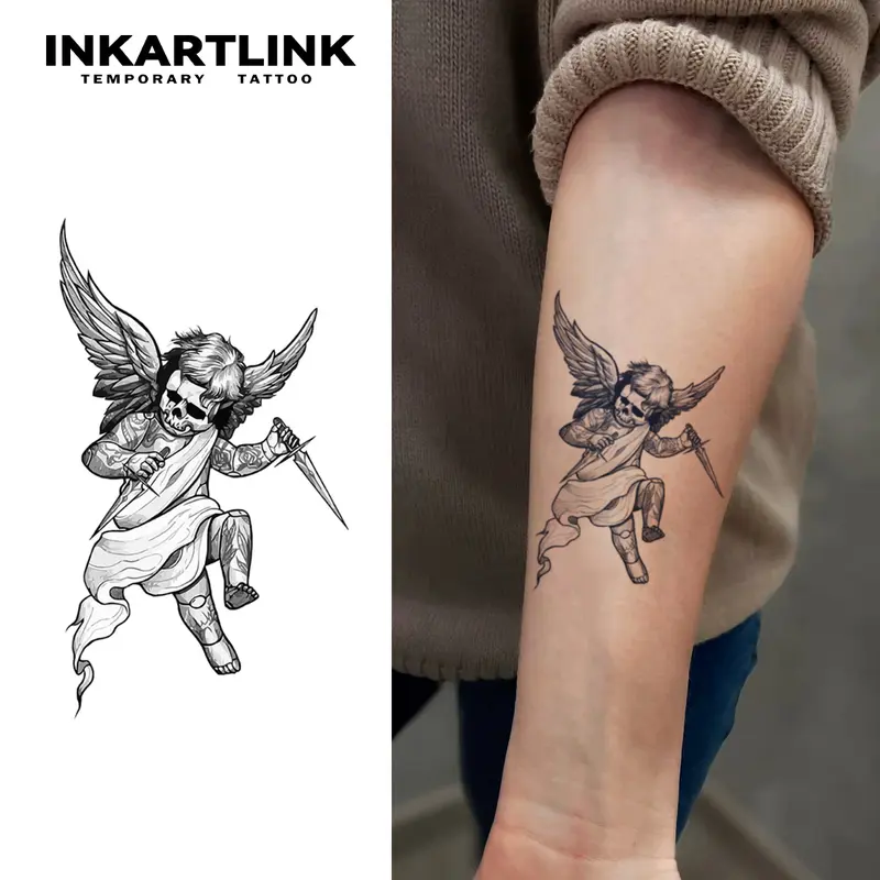 INKARTLINK Tattoo Tech, 2 Sheets Medium Semi Permanent Tattoo, Adult Art Design Temporary Tattoos, Lasts 1-2 Weeks, Waterproof, Realistic Look, No Adhesive, No Reflection (Assassination Angel Design)
