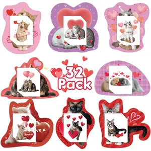 32Pack Valentine's Day Cards for Kids, Pet Cat Valentines Cards with Tattoos&Envelopes, Happy Valentines Cards for Kids School Classroom, Valentines Exchange Cards for Party Favors Gifts