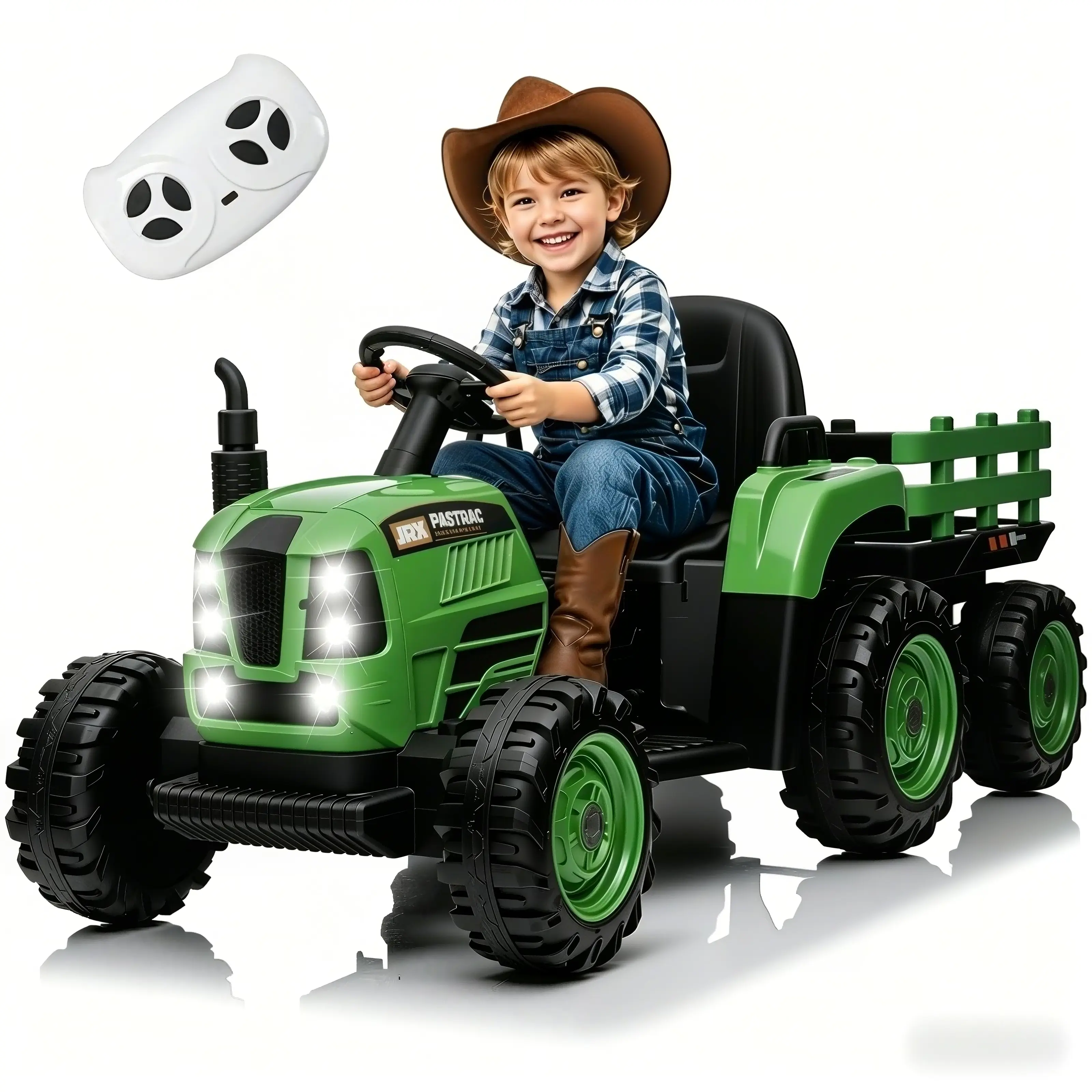 24V 400W Electric Ride-On Tractor Toy with Trailer, Remote Control, 3-Speed Adjustable, Power Display, USB, MP3, Bluetooth, LED Light, 2-Point Safety Belt for Kids