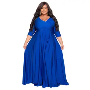 N7670PlusSizeWomen'sSolidColorV-NeckSexyWeddingDressLongDressWomenswearVneckBasicBlack