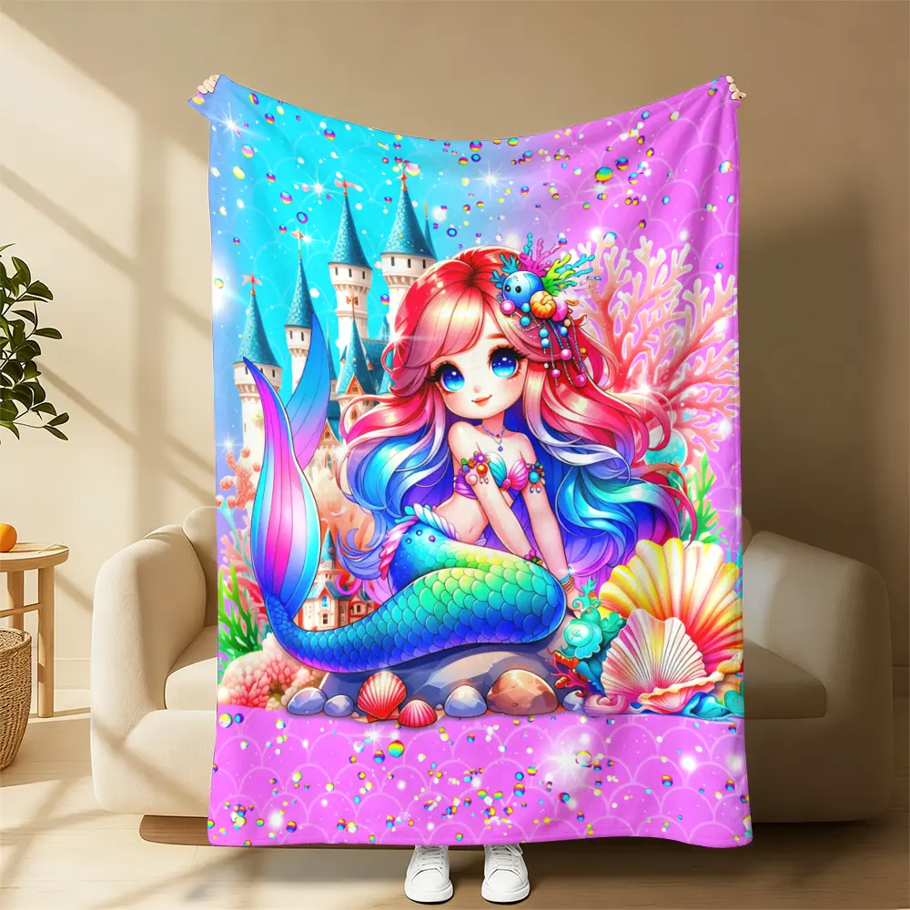 Colorful Little Mermaid Princess Flannel Blanket, Cute Ariel Underwater Castle Throw, Ultra Soft Warm Plush Throw Blanket, Trendy Magical Room Decor, Ideal Birthday, Christmas, Holiday & All Occasion Gift for Little Girls, Mermaid Fans & Fairy Tale Lovers