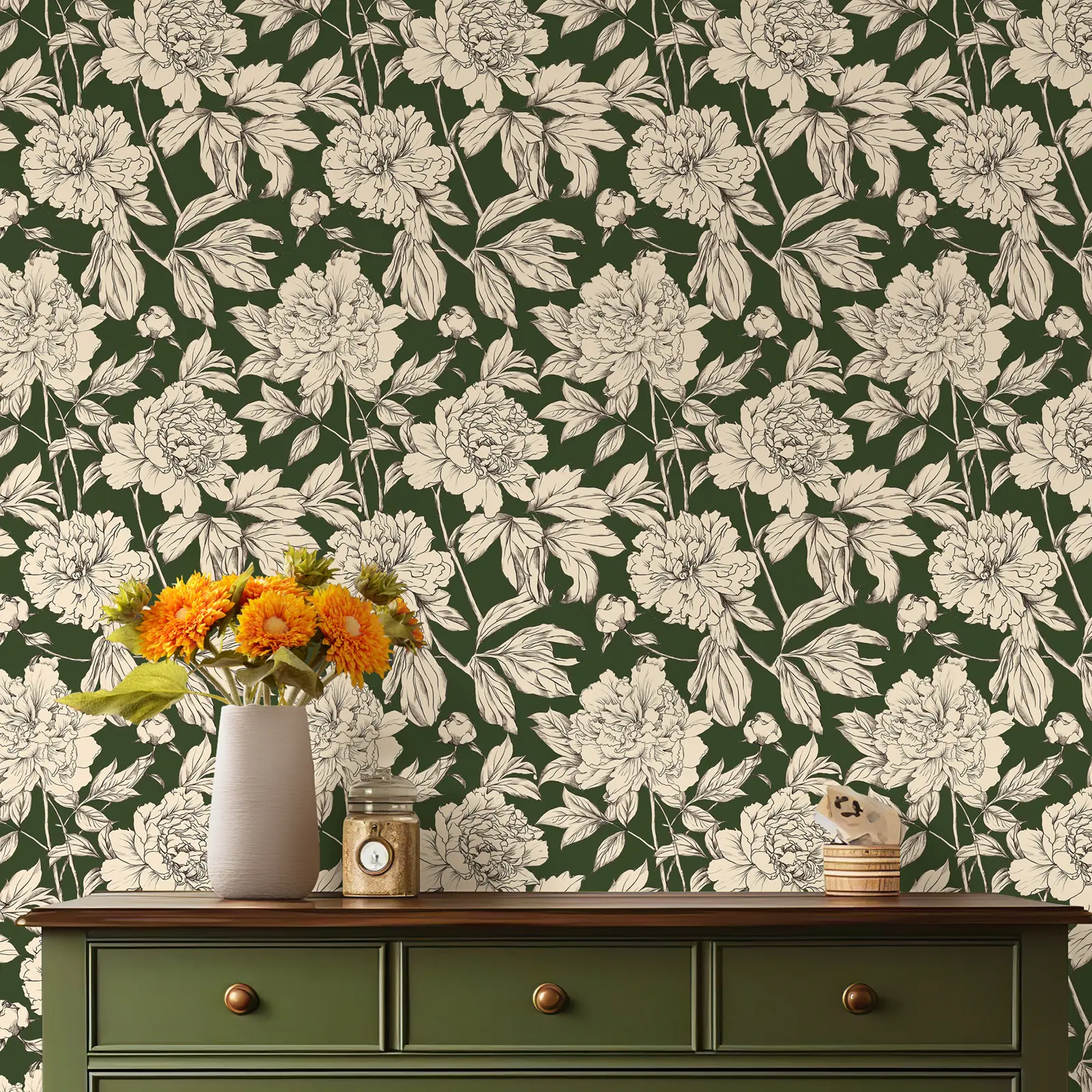 Vintage Green Floral Peel and Stick Wallpaper, Removable Self Adhesive Dark Garden Wall Paper for Bedroom Bathroom Closet Cabinet, DIY Home Decor  ，：