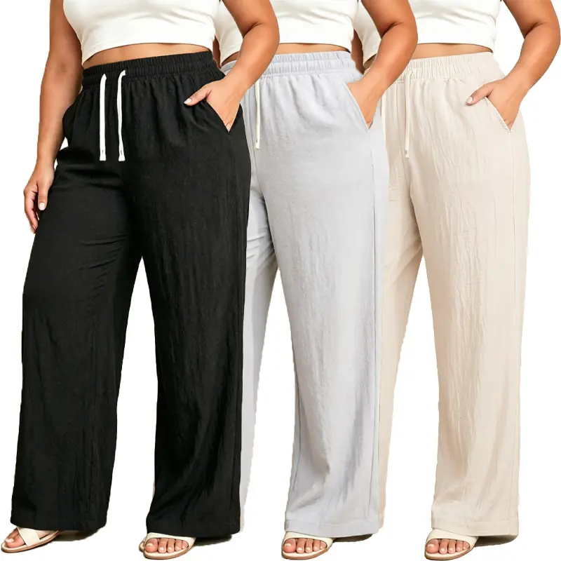 Women’s linen wide-leg straight-cut pants available in 1–3-pack options, featuring a linen texture, high-waisted drawstring design, and side and back pockets. Lightweight, comfortable, and rich-look linen long pants—an everyday essential for women.