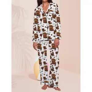 Women's autumn and winter sleepwear set with cow print button up shirt and pants, two-piece set of sleepwear, long sleeved casual home wearRAIMENTRY