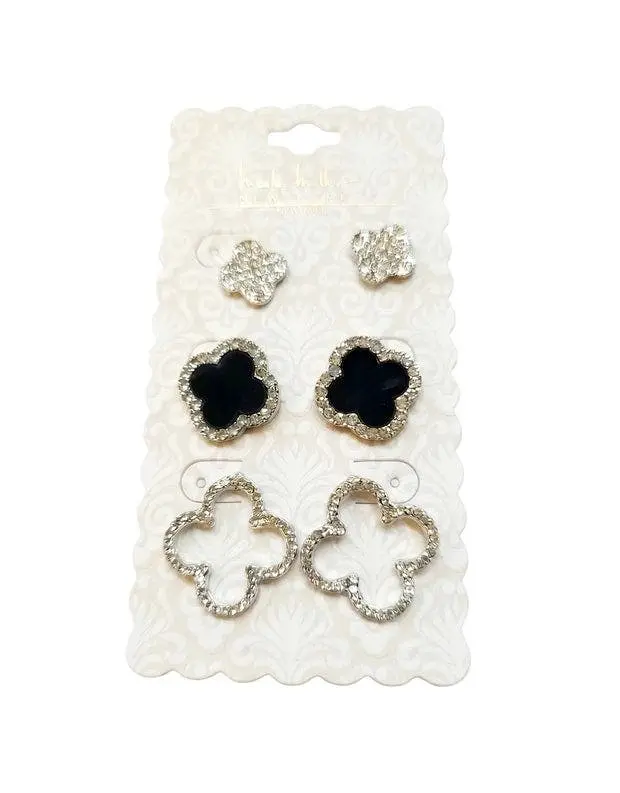 Black Clover Motif Rhinestone Costume Jewelry Earrings - 3-Piece, One Size Fashion Accessory