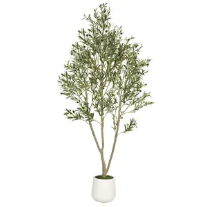7FT Artificial Olive Tree in White Planter Faux Indoor Plant with Realistic Wood Trunk & Lifelike Fruits for Home/Office Decor
