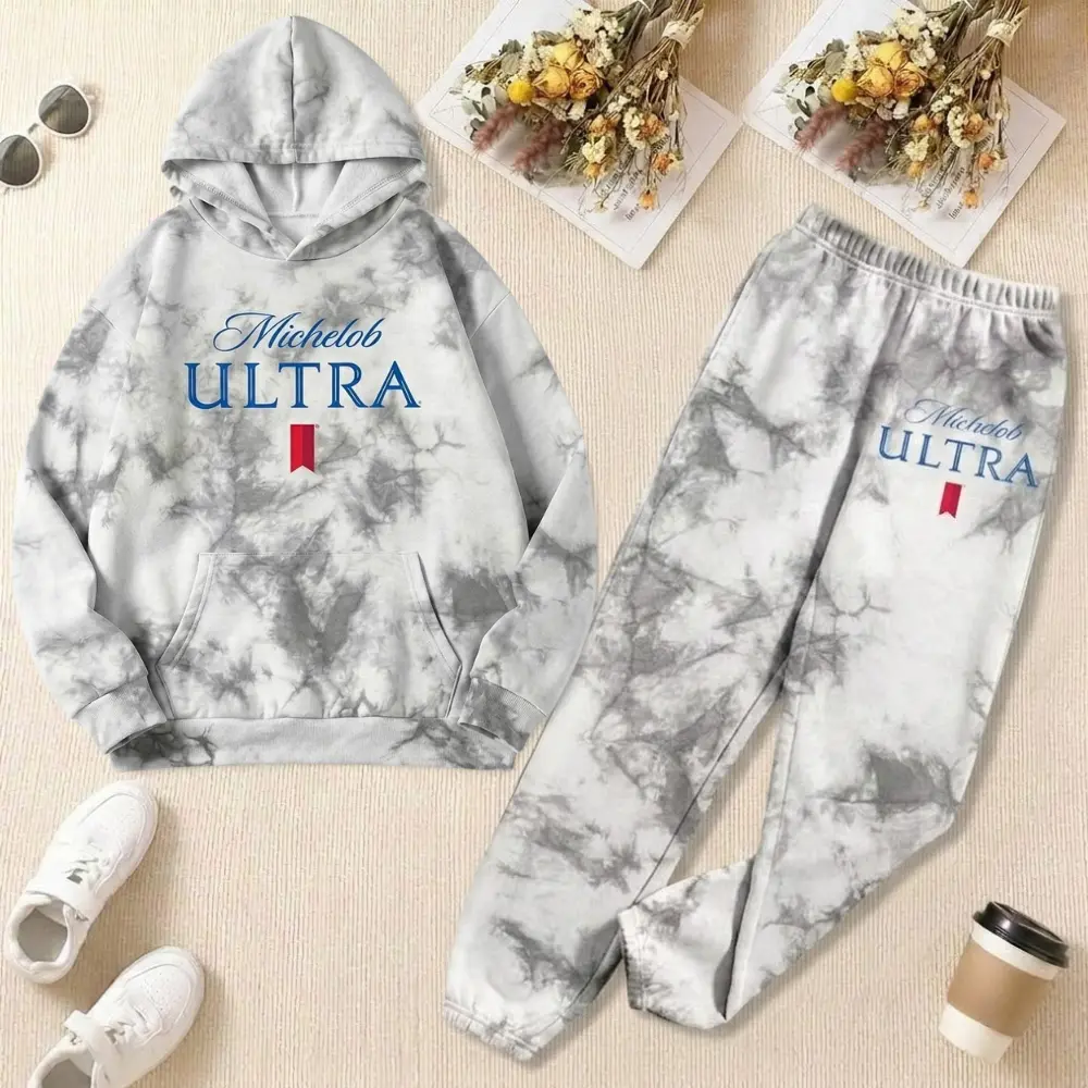 Michelob Ultra 3D Hoodie and Sweatpants Set, Gray Tie Dye Beer Logo Graphic Matching Outfit, Gift for Beer Lovers