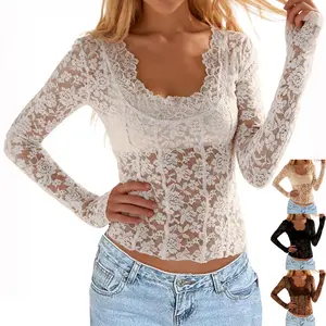 WoodBerry Lace Sheer Floral Top for Women Long Sleeve Elegant Scoop Neck Shirts Fitted Blouse with Scalloped Trim Outfits for Layering
