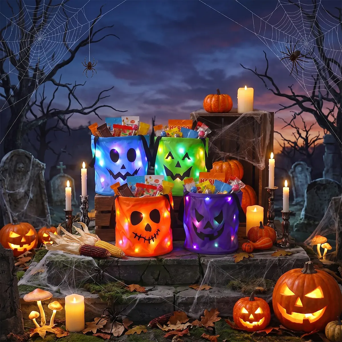 Halloween Trick or Treat Buckets with LED Light, Non Woven Gift Bags Candy Bucket for Halloween, Reusable Halloween Stuff for Kids Party Favor Supplies & Gifts