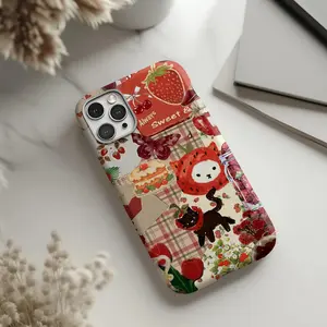 Vintage Strawberry Cat Compatible with iPhone 17 Pro Max 16 15 Plus 14 13 12 11 AIR XS XR Phone Case Hard Shell Rugged Phone Case Anti-scratch Shockproof Frosted Protective Cover Waterproof Outer Layer Durable Shell